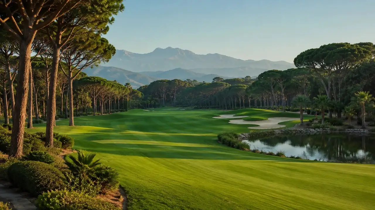 Golfove hriste mezi piniemi s horami v pozadi u Beleku