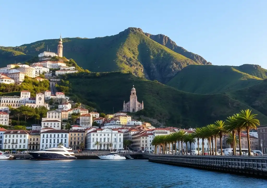 Funchal stoupající po zeleném svahu nad přístavem