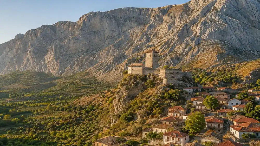 Hrad na skalnim ostrohu nad mestem Kruje pod stenou Sari Salltiku