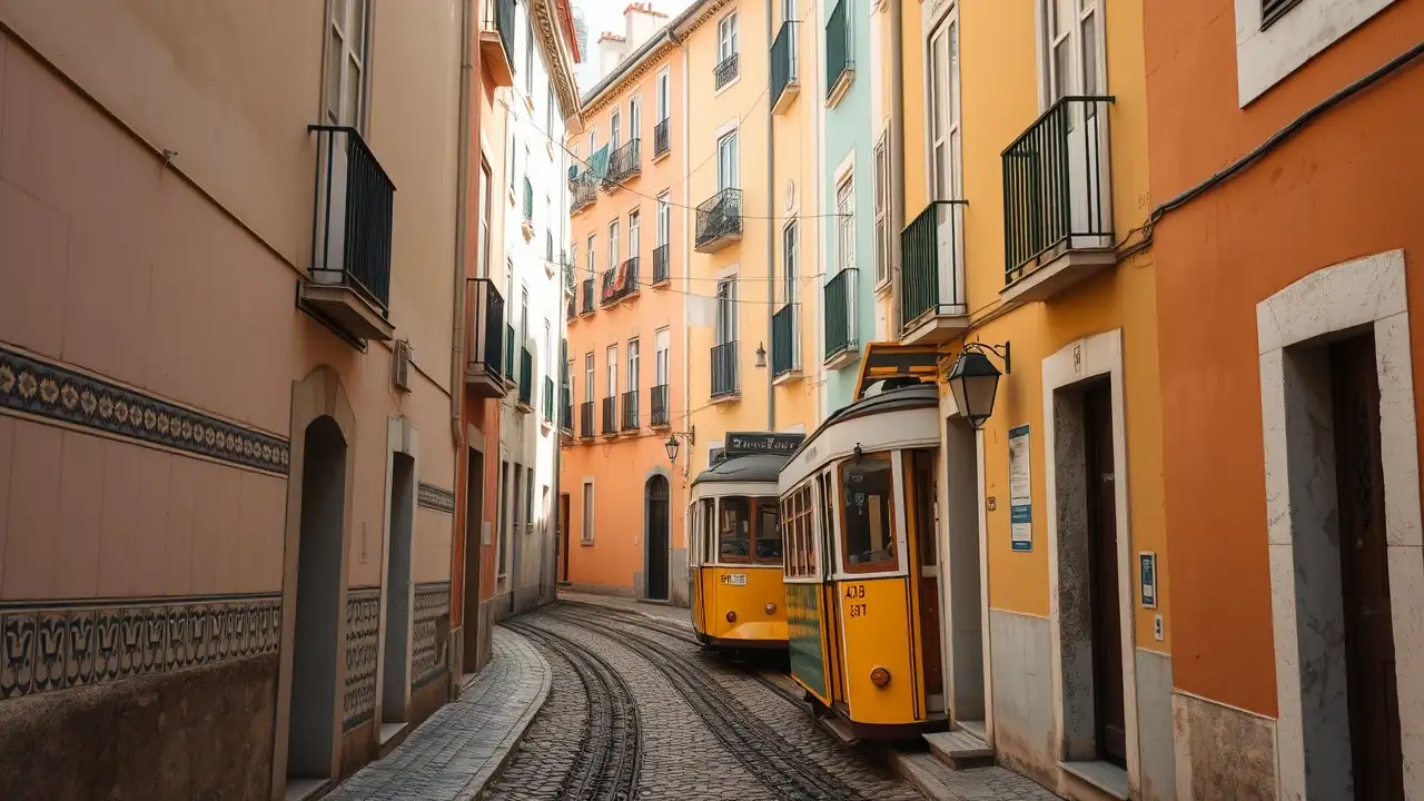 Žlutá tramvaj v úzké dlážděné uličce Alfamy v Lisabonu