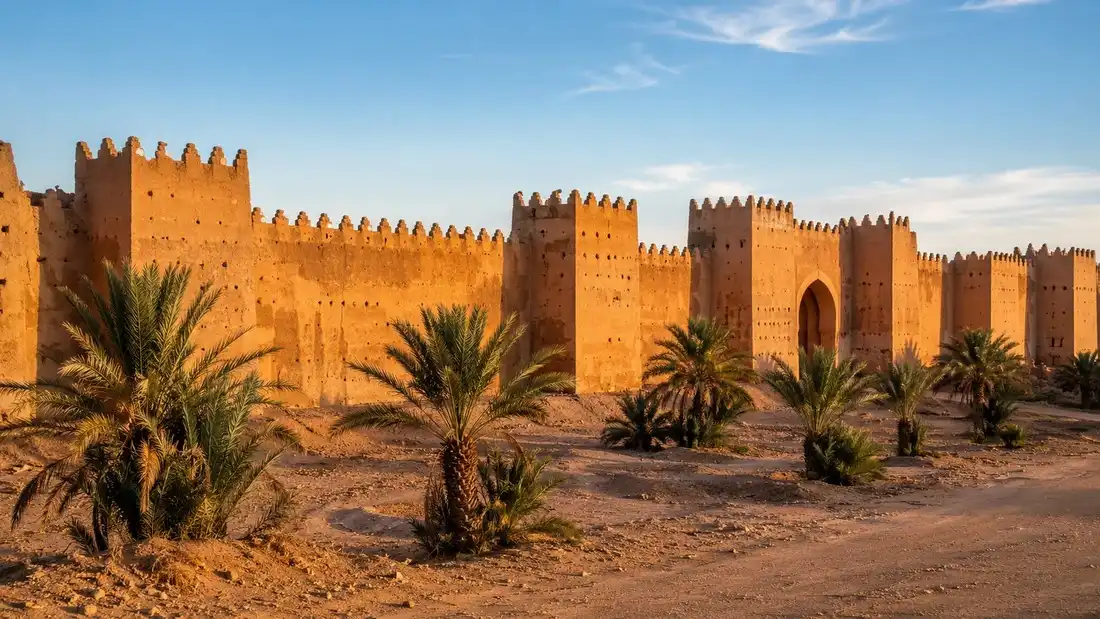 Cervene hlinene hradby marrakesske mediny s cimburim a datlovymi palmami