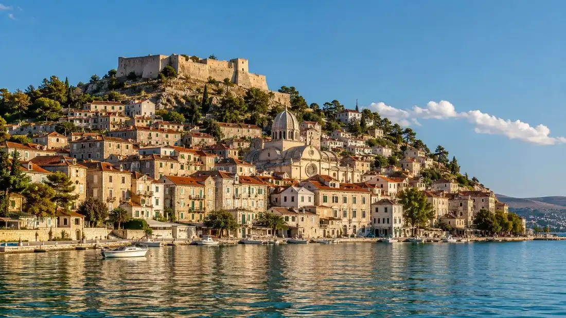 Šibenik stoupající po svahu nad zálivem s kupolí katedrály svatého Jakuba a pevností nad městem