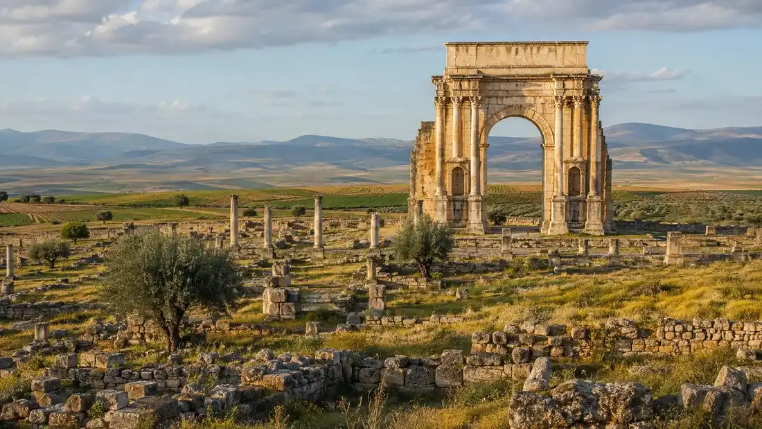 Rimske ruiny Volubilis s triumfalnim obloukem a radami sloupu na zelene plani
