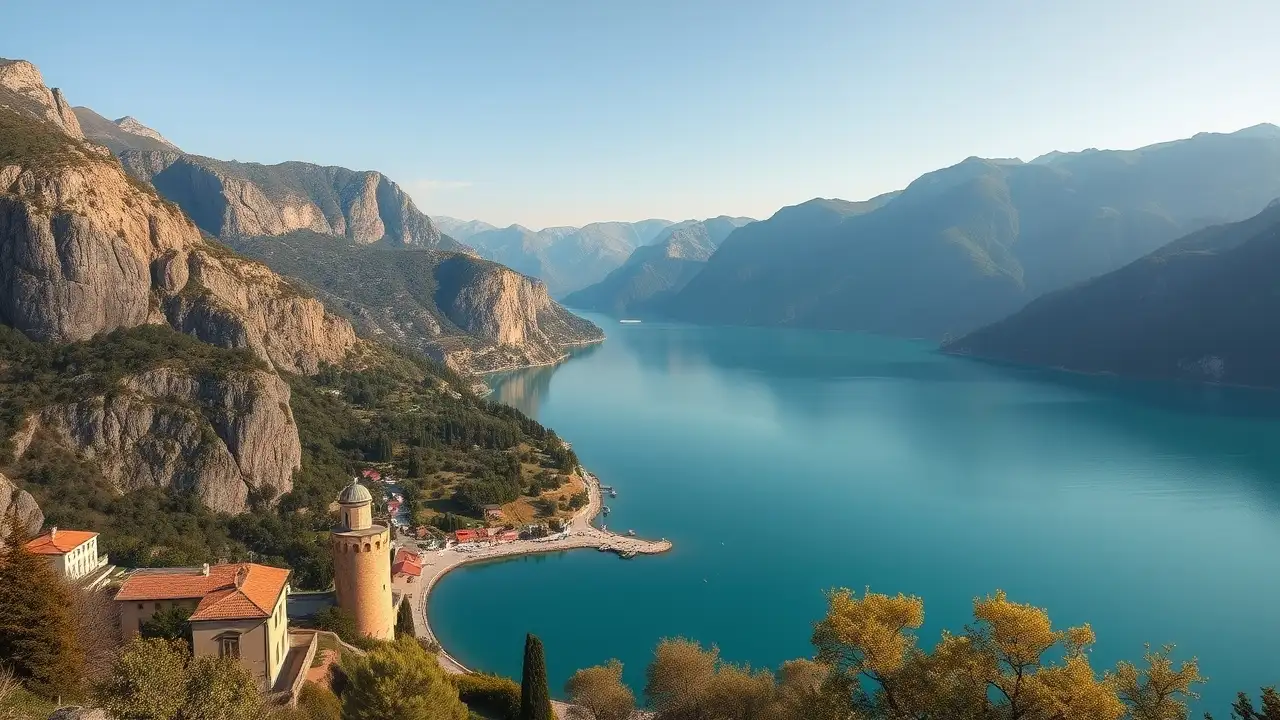 Severní břeh Lago di Garda se skalními stěnami spadajícími do tyrkysové vody