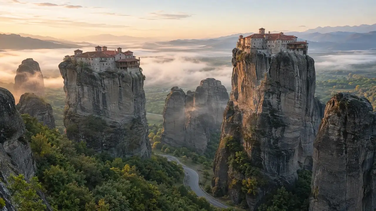 Kláštery na vrcholcích skalních věží nad zeleným údolím v ranní mlze